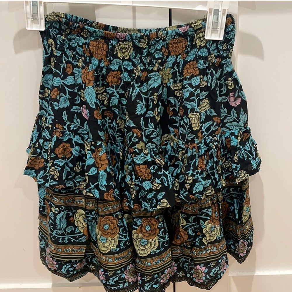 Sea Lustre Black Brown Blue & White Rayon Floral Tier Lightweight Mini Skirt S/M